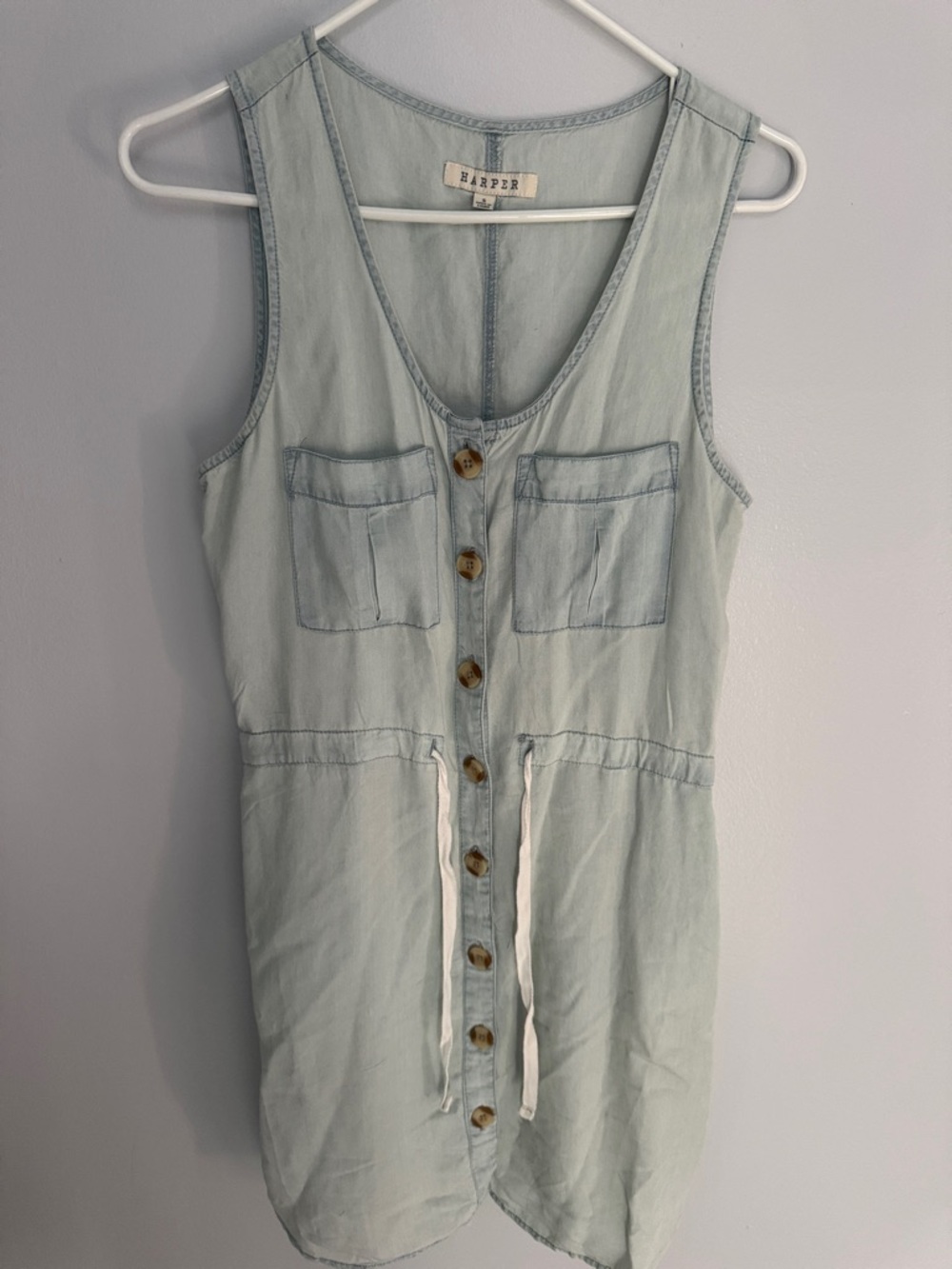 Harper Light Wash Denim Mini Dress in Pale Blue